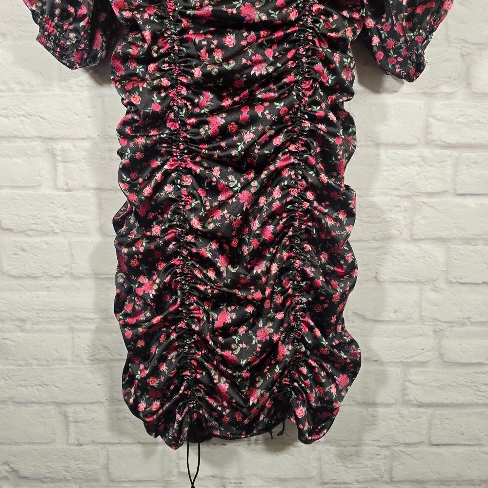 For Love & Lemons Black Off-Shoulder Ruched Mini Dress with Floral Print - Picture 6 of 15